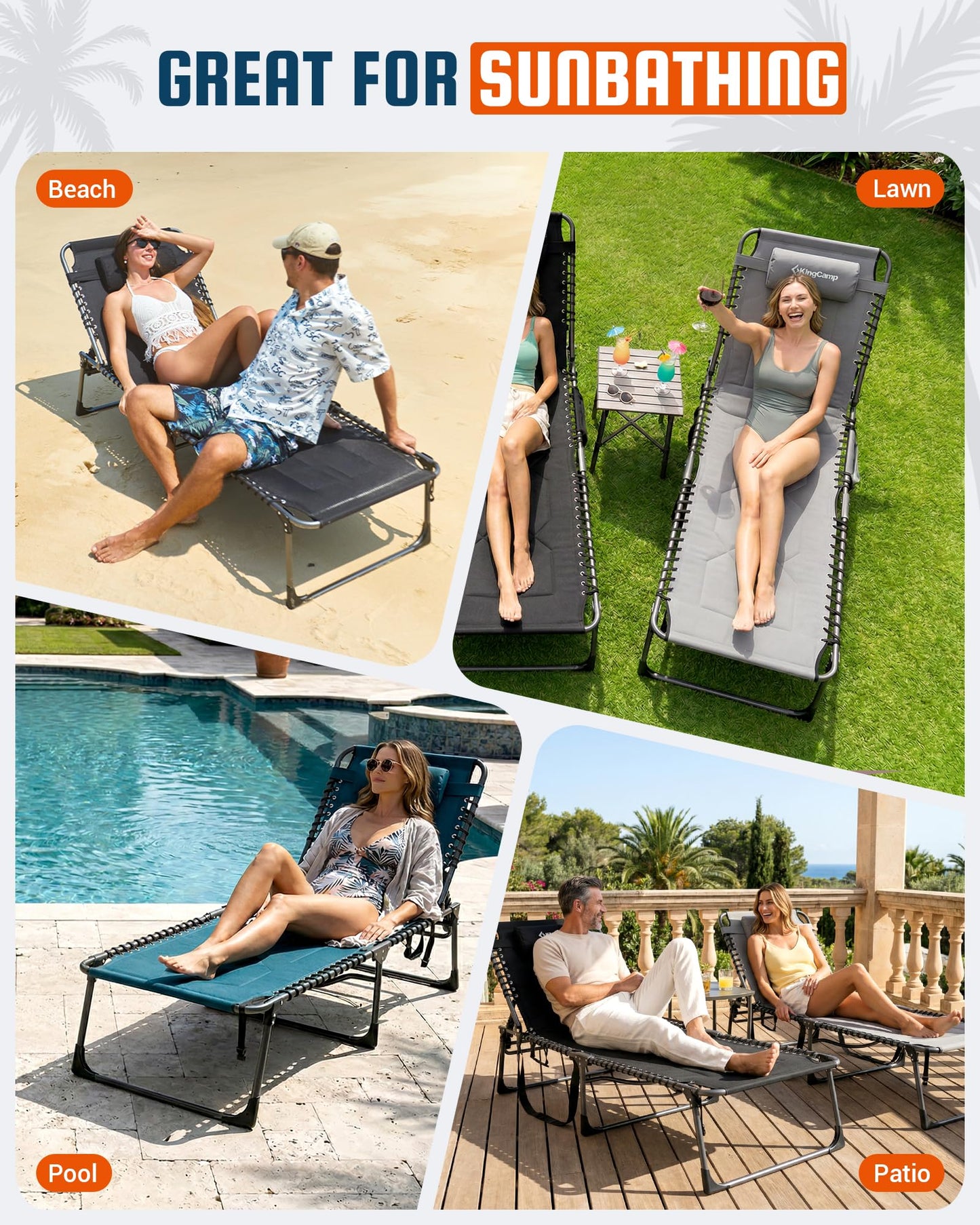 KingCamp Oversized Tanning Chair, Extra-Wide Padded Folding Chase Lounge Chairs Portable Adjustable 5-Position 440lbs Heavy Duty Lounger with Double-Layer Oxford for Outdoor Beach Patio Sun Pool Black