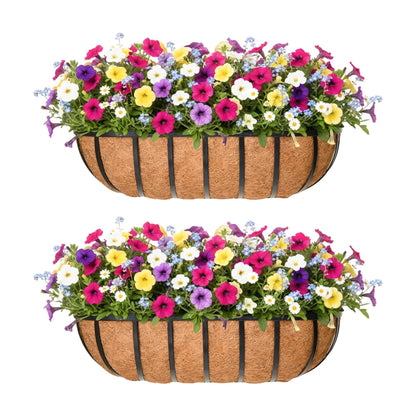 Qusuxi 16'' Window Box Railing Planter with Coco Liner,2 Pack Horse Trough Planters Black Metal Hanging Flower Planters Basket for Porch Fence Patio Indoor Outdoor Lawn