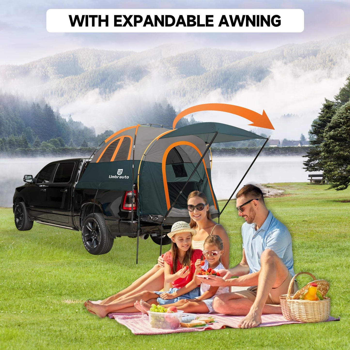 Umbrauto Truck Bed Tent with Awning: 5.5-5.8FT PU3000mm Waterproof Tailgate Pickup Truck Tents, Easy Set-up for 2 Person, Fits Full Size Short Bed, Chevy, Dodge, Ford, GMC, Green