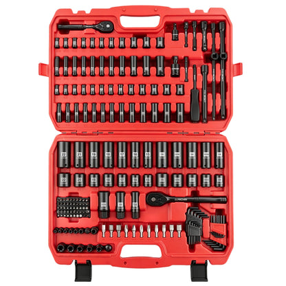 LLNDEI 1/4 & 3/8 Inch Drive Impact Socket Set, 186 Pieces Metric and Standard Full Sockets, CR-V Deep & Shallow Sockets Tool Set with Ratchet Wrench Handle, Spark Plug Socket, Bits for Mechanic