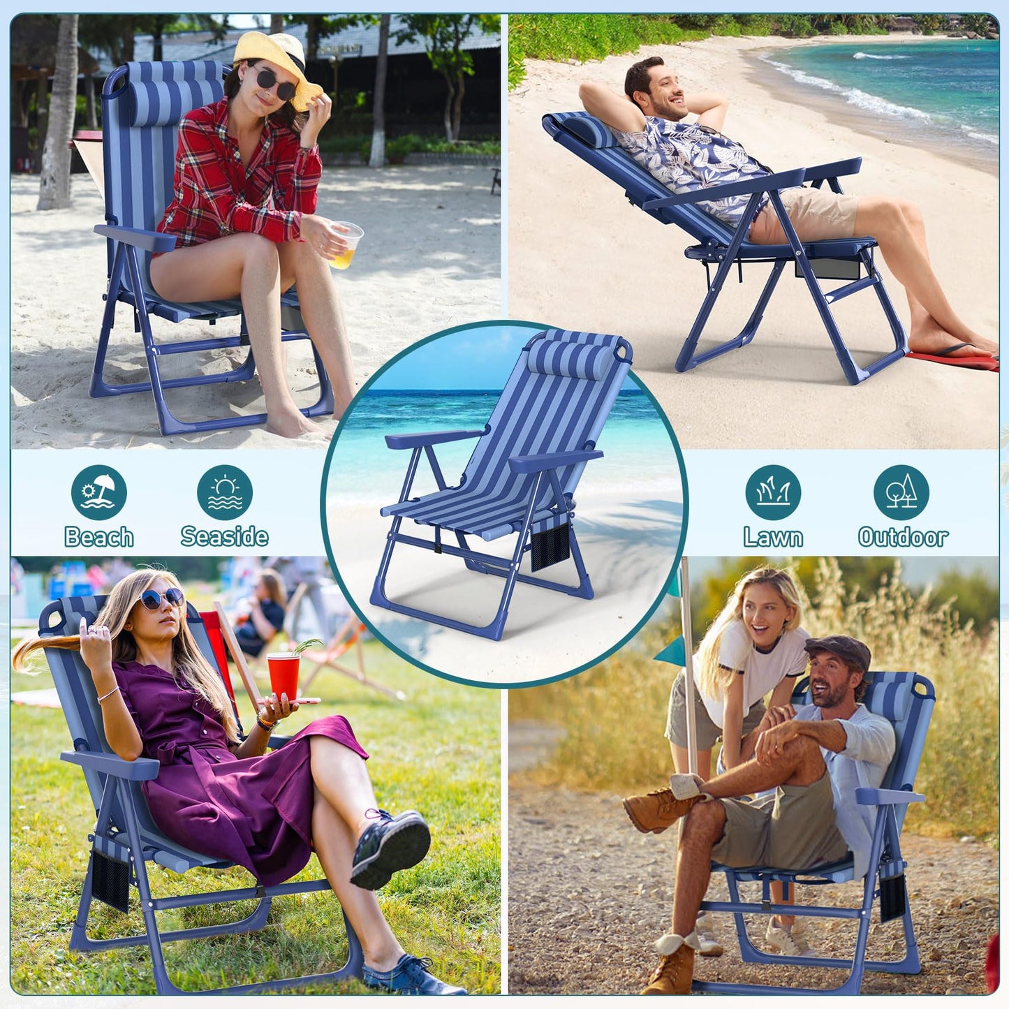 Suteck Backpack Beach Chairs for Adults 2 Pack, 6-Position Folding Reclining Chair with Cooler Bag & Cup Holder, Lightweight Portable Beach Chair for Camping, Outdoor, Sand, Travel Use