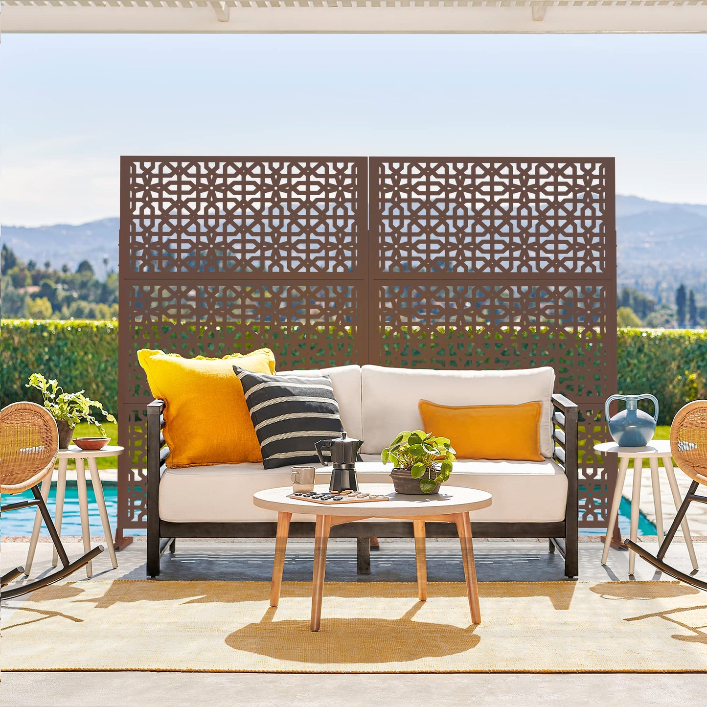 Elevens Outdoor Decor Privacy Fence Screen Metal Fence Panels,Decorative Privacy Screen with Stand,Outdoor Divider for Garden Patio Backyard,76" H×35" W(Brown-Perilla)