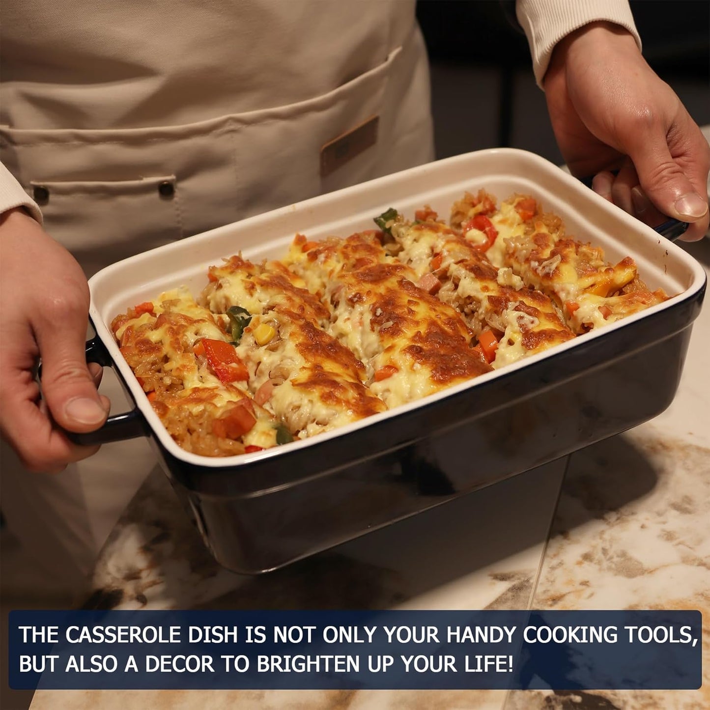 Skiennix Baking Pan - Deep Ceramic Lasagna Dish with Lid for Oven | Navy Blue, 3.1 Quarts