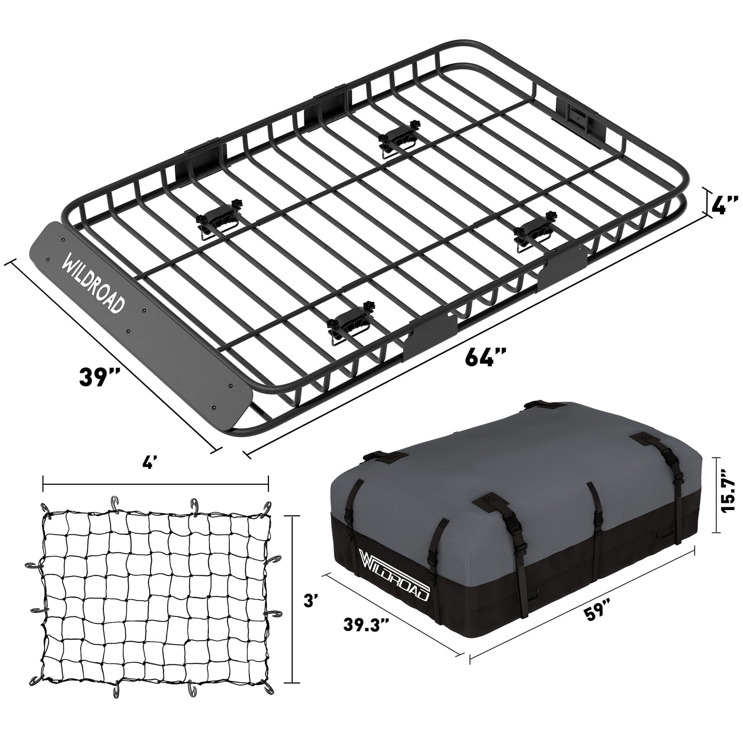 Wildroad Car Roof Cargo Carrier Combo of Upgraded 64"x 39"x 4" Roof Rack Cargo Basket with 21 Cubic ft Ultra Waterproof Anti-Tear Fabric Cargo Carrier Bag and Super Duty Bungee Cargo Net