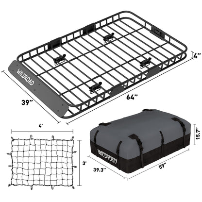 Wildroad Car Roof Cargo Carrier Combo of Upgraded 64"x 39"x 4" Roof Rack Cargo Basket with 21 Cubic ft Ultra Waterproof Anti-Tear Fabric Cargo Carrier Bag and Super Duty Bungee Cargo Net