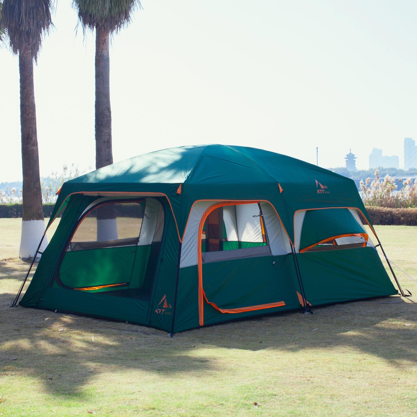 KTT Extra Large Tent 12 Person,Family Cabin Tents,2 Bay-Windows,2 Rooms and 3 Doors 3 Windows with Mesh,Waterproof,Straight Wall,Double Layer,Big Tent for Outdoor,Picnic,Camping,Gathering(Green)