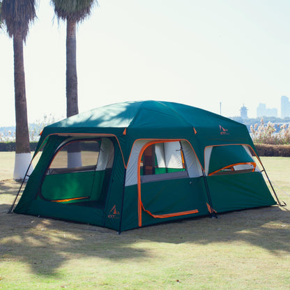 KTT Extra Large Tent 12 Person,Family Cabin Tents,2 Bay-Windows,2 Rooms and 3 Doors 3 Windows with Mesh,Waterproof,Straight Wall,Double Layer,Big Tent for Outdoor,Picnic,Camping,Gathering(Green)