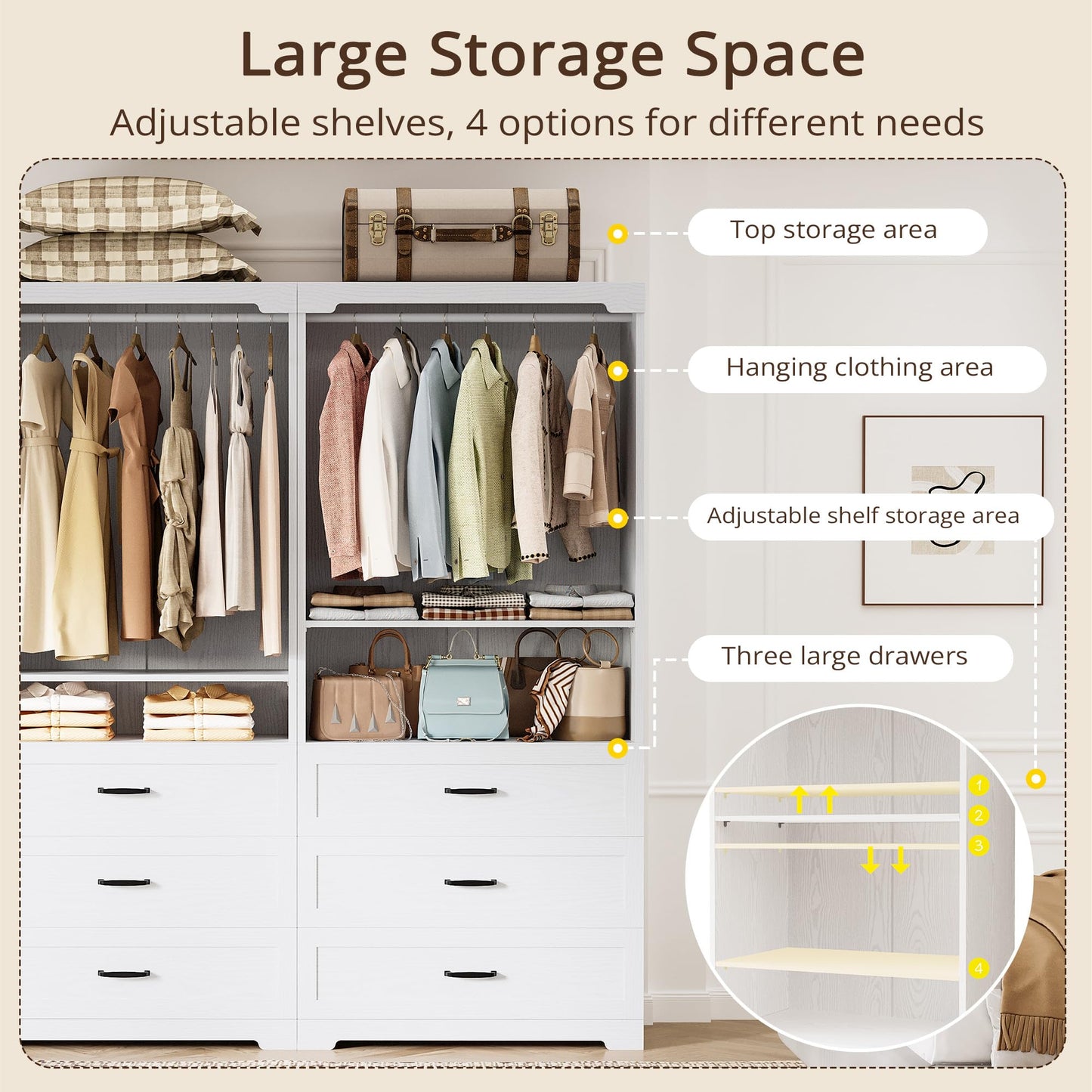 IRONCK Freestanding Closet System with 3 Wood Drawers, Modern Armoire Wardrobe with Adjustable Shelves & Hanging Rod, Walk-in Closet Systems Organizer for Small Closet, 31.5" White