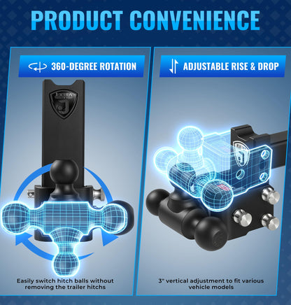 JEXTRA Adjustable Trailer Hitch Ball Mount, fits 2 Inch Hitch Receiver, 3" Rise & Drop Hitch Tri-Ball (1-7/8" x 2" x 2-5/16"),12,500 LBS GTW Trailer Hitch with Double Anti-Theft Locking Pins Black