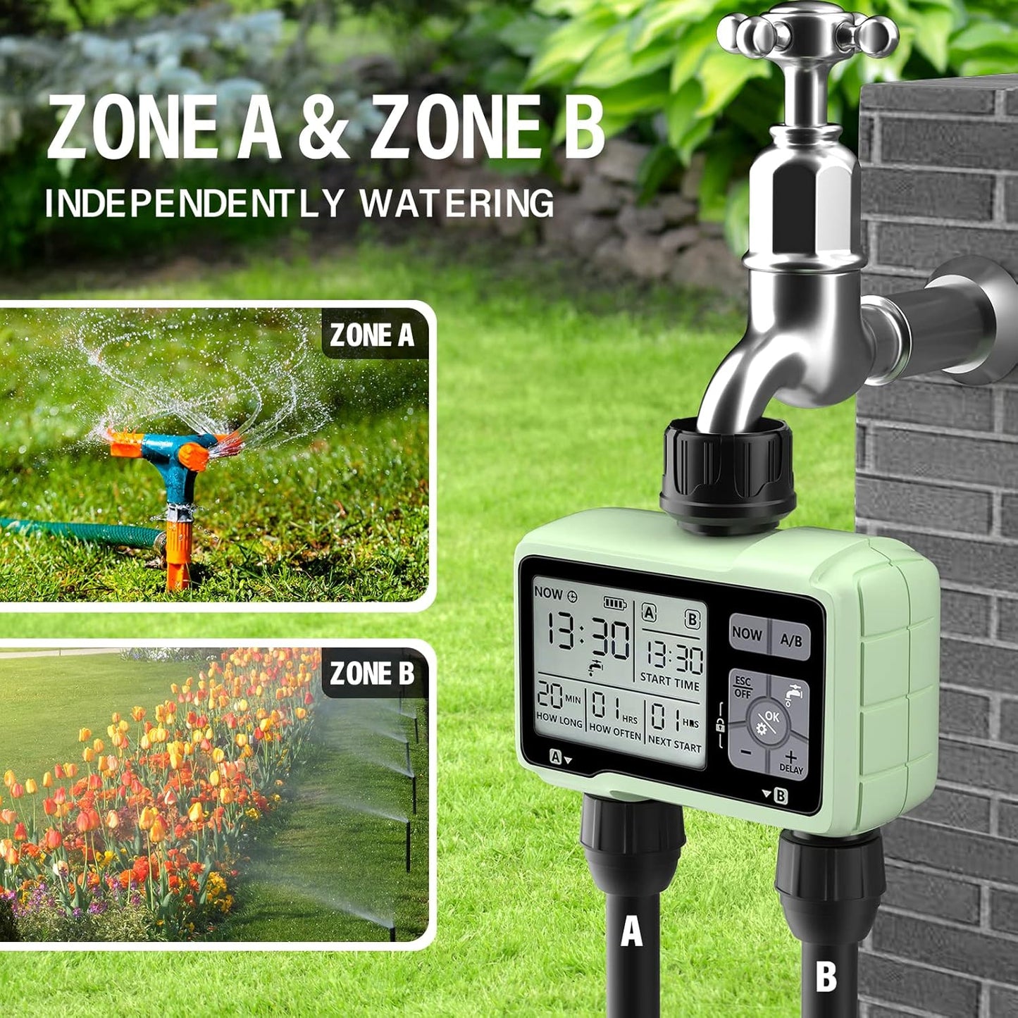 SOYUS Programmable Garden Hose Timer - Waterproof Digital Irrigation System with Rain Delay | 2 Outlets