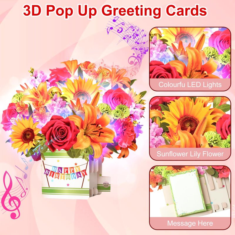 Yinqing Birthday Cards, 3D Popup Birthday Card for Women, Music and Light 10Inch Forever Sunflower Bouquet for Women Mom Wife Daughter Sister(Blank Notecard & Envelope)