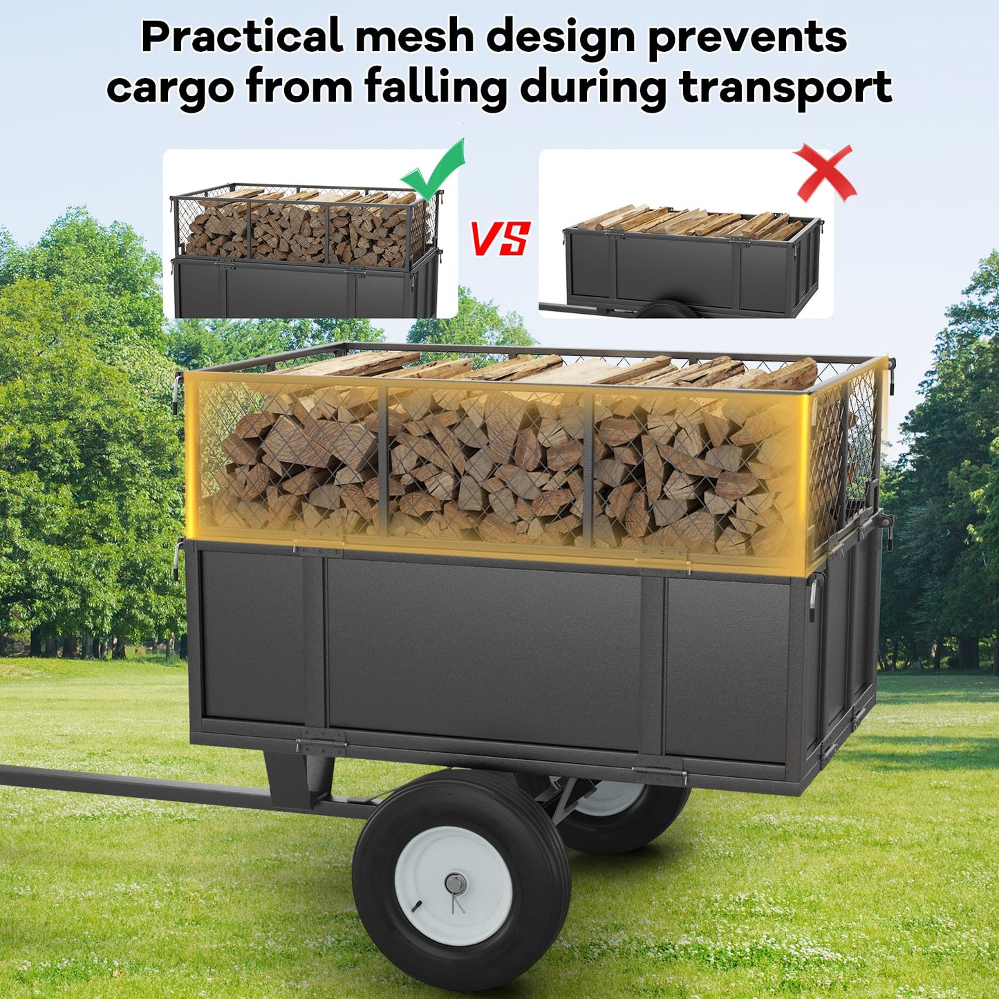 Heavy Duty 750LB Capacity Steel Dump Cart Trailer for ATV, 17 Cu.Ft Utility Garden Wagon, 2 Wheels, Durable Tow-Behind for UTV, Lawn Mower, Tractor, Landscaping