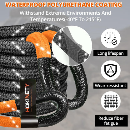 Kinetic Recovery Tow Rope - 1.26" x30FT 55000LBS Reflective Heavy Duty Snatch Strap Kit with Soft Shackles for Offroad Pulling Truck SUV UTV ATV Car Jeep - Black