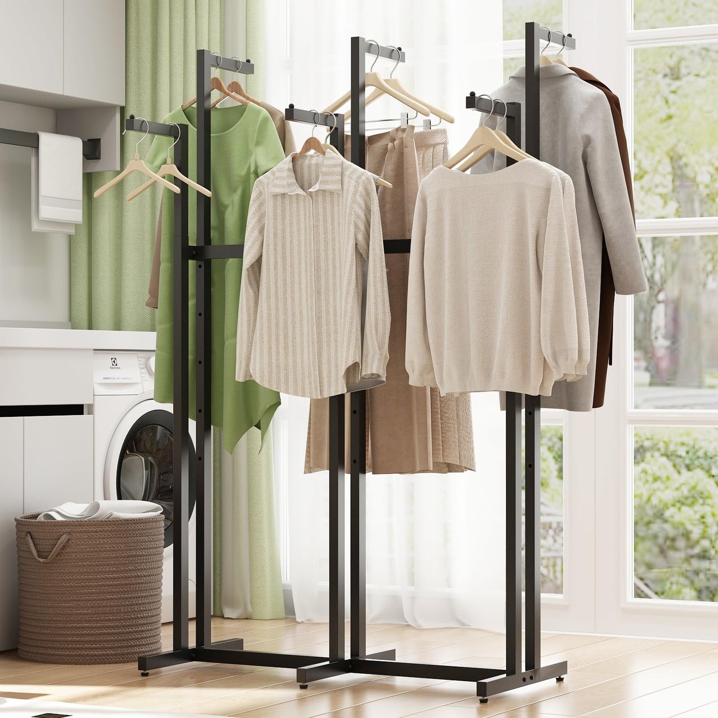 WTPLWD Black Clothes Rack with 6 Straight Arms, Metal Clothing Rack for Hanging Clothes, Freestanding Garment Rack Heavy Duty, 46" to 63" Adjustable Height Retail Clothing Rack for Boutiques Display