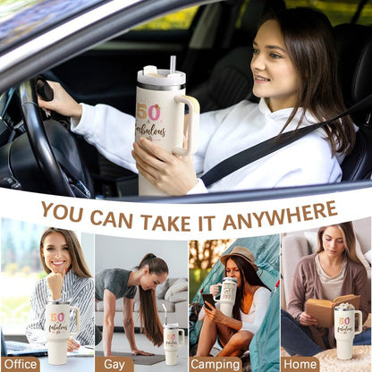 Gtmileo 50th Birthday Gifts for Her Women, 1975 Birthday Gift For Women 40oz Tumbler with Handle, 50 Year Old Birthday Gifts for Women, Cool Gifts for 50th Birthday Woman for Friends Family, Beige