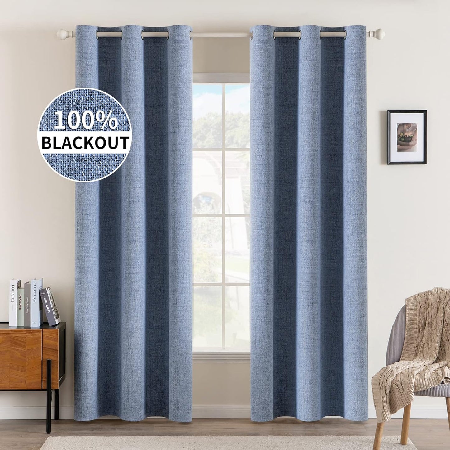 MIULEE Linen Blackout Curtains - 100% Room Darkening Thermal Insulated Grommet Panels | 42" x 84" Stone Blue