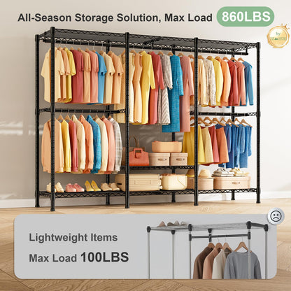 SEMHOR K01C Heavy Duty Clothes Rack with Cover, Freestanding Portable Closet System with Shelves, Adjustable Carbon Steel Garment Rack, Black Clothing Racks for Hanging Clothes, 860LBS Max Load