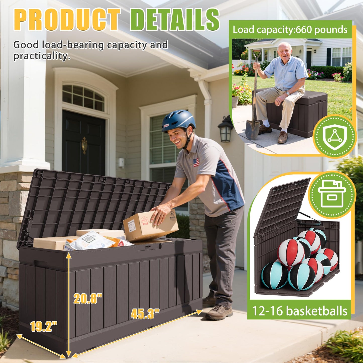 Greesum Outdoor Storage Box 82 Gallon Storage Bin with Lid for Patio Furniture, Garden Tools, Pool Supplies, Waterproof and UV Resistant, Lockable, Dark Brown