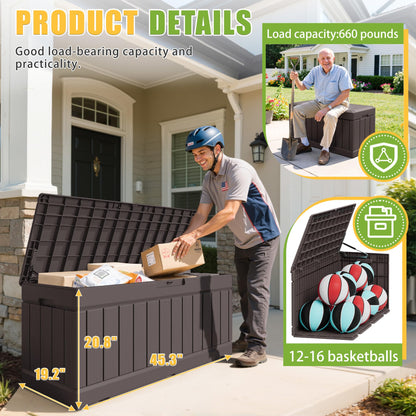 Greesum Outdoor Storage Box 82 Gallon Storage Bin with Lid for Patio Furniture, Garden Tools, Pool Supplies, Waterproof and UV Resistant, Lockable, Dark Brown