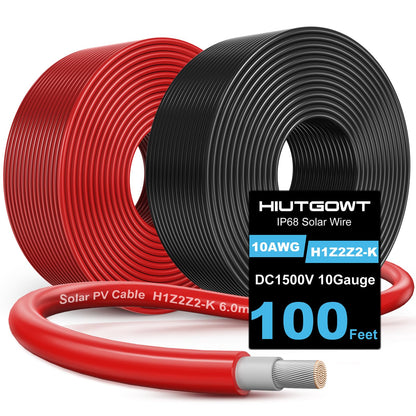 Hiutgowt 2x100FT Solar Panel Wire, Solar Cable, Solar Wire 10AWG, Solar Extension Cable, 10 Gauge Tinned Cooper PV Wire for MPPT Controller Home Roofs Boat Marine Automotive RV Camping Solar Panels