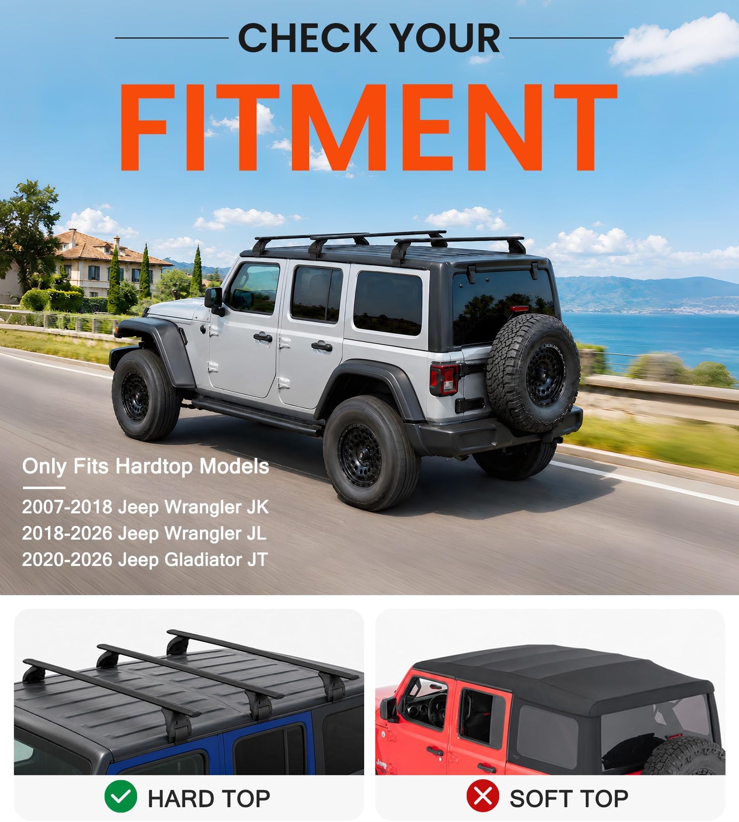 Snailfly 3PCS Roof Rack Cross Bars Fit for Jeep Wrangler JK JL Gladiator JT 2007-2026 Hard Top, 350lbs Lockable CrossBars Cargo Carrier, Rooftop Accessories for Tent Bike Kayak Skis