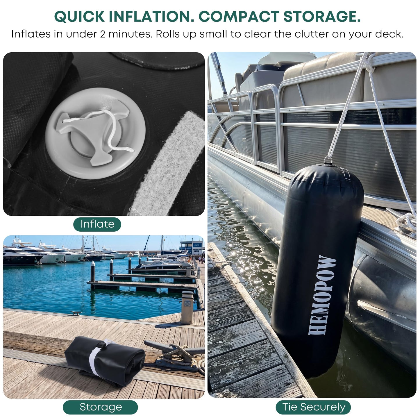 HEMOPOW Heavy Duty Inflatable Boat Fenders, Upgraded PVC Dock Bumpers for Docking - Marine Boat Fender with Storage Bag, Pump & Lines for Yacht, Pontoon, Fishing Boat - 18 * 60inch