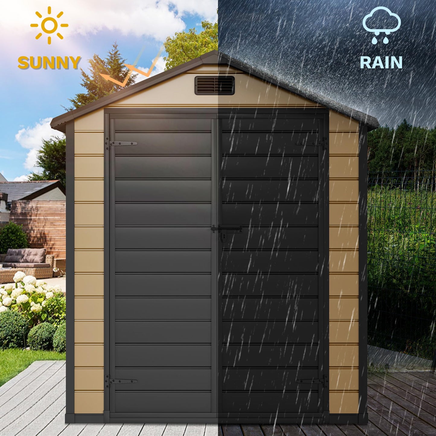 DWVO 6x4 FT Storage Shed Plastic, Outdoor Storage Shed with Lockable Door, Window and Vents, Waterproof Tool Storage for Garden, Backyard, Patio, Lawn, Brown