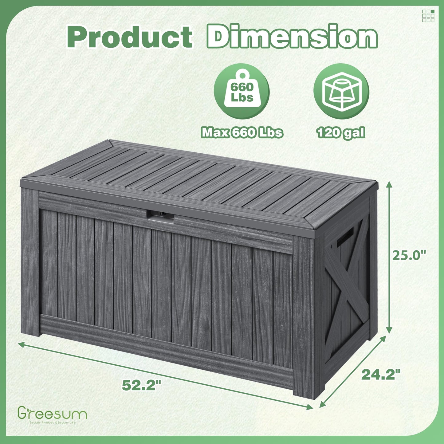 Greesum Outdoor Storage Box 120 Gallon Storage Bin with Lid for Patio Furniture, Garden Tools, Pool Supplies, Lockable, Waterproof and UV Resistant, Gray
