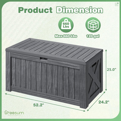 Greesum Outdoor Storage Box 120 Gallon Storage Bin with Lid for Patio Furniture, Garden Tools, Pool Supplies, Lockable, Waterproof and UV Resistant, Gray