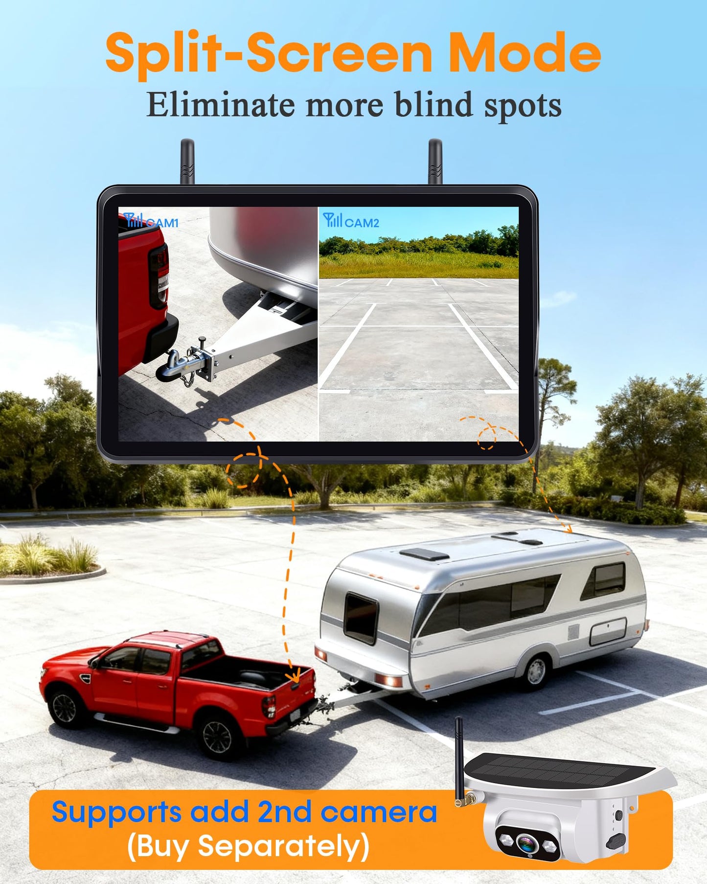 Pemacom Wireless Backup Camera for Towable-RV: 1-Second Magnetic No Wiring Long Distance Signal for Thor/Forest River Series RVs - 7.3" Recording Monitor HD 1080P Auto Sleep Solar RV Backup Camera