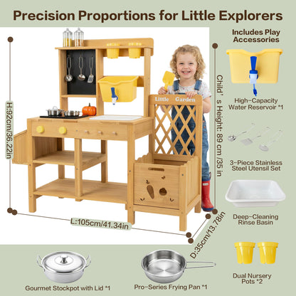 Wooden Mud Kitchen for Kids, Outdoor Play Kitchen with Real Running Water Sink, Mud Table, Gravity Water Tank, Planting Box, Critter Observation Box, 12-Pc Accessory Kit, Toddler Gift, Age 3+