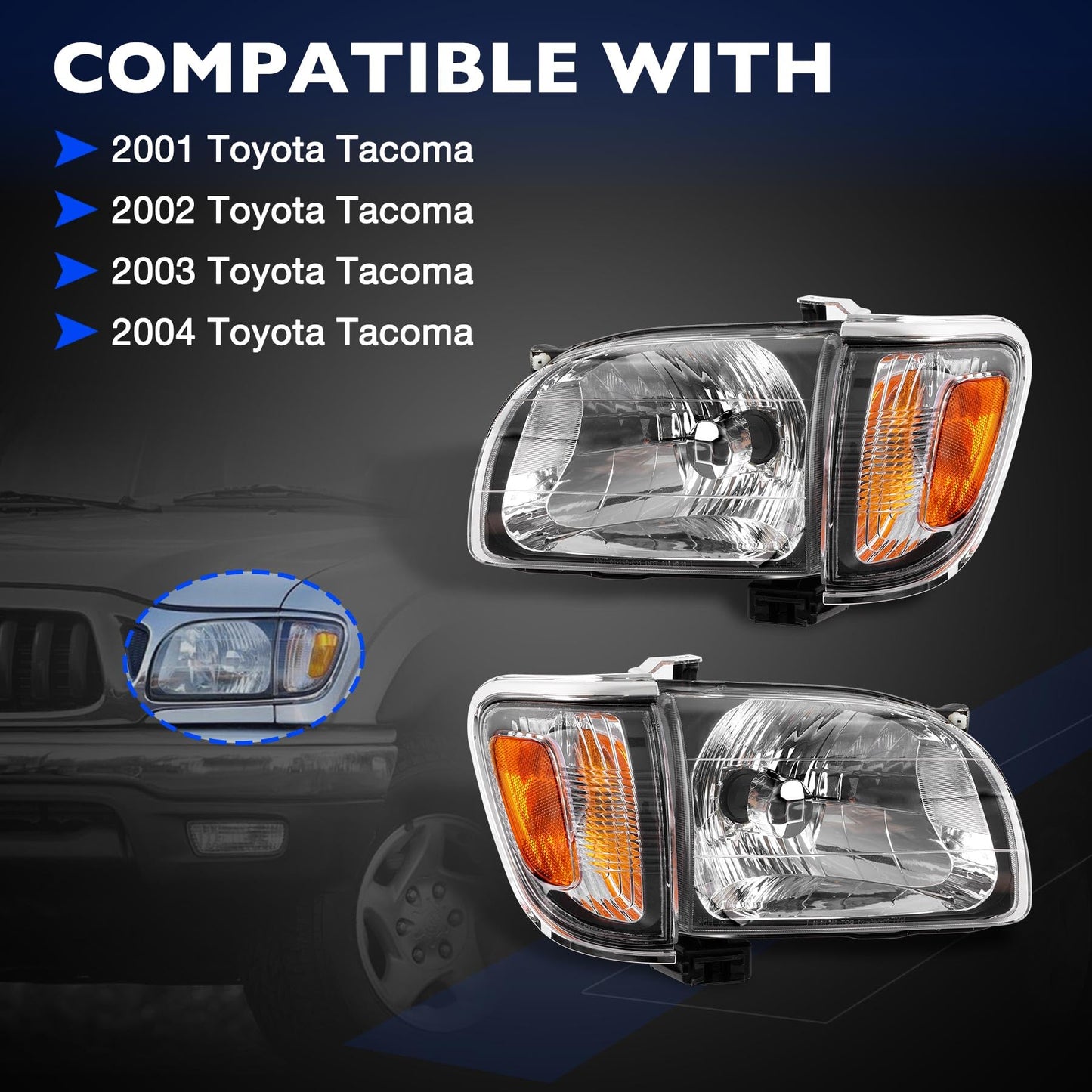 Headlight, Tail Light & Fog Light Assembly Compatible with 2001–2004 Toyota Tacoma, Driver & Passenger Side (Headlights w/o, Taillights w/Bulbs), Replaces 81150-04110, 81110-04110