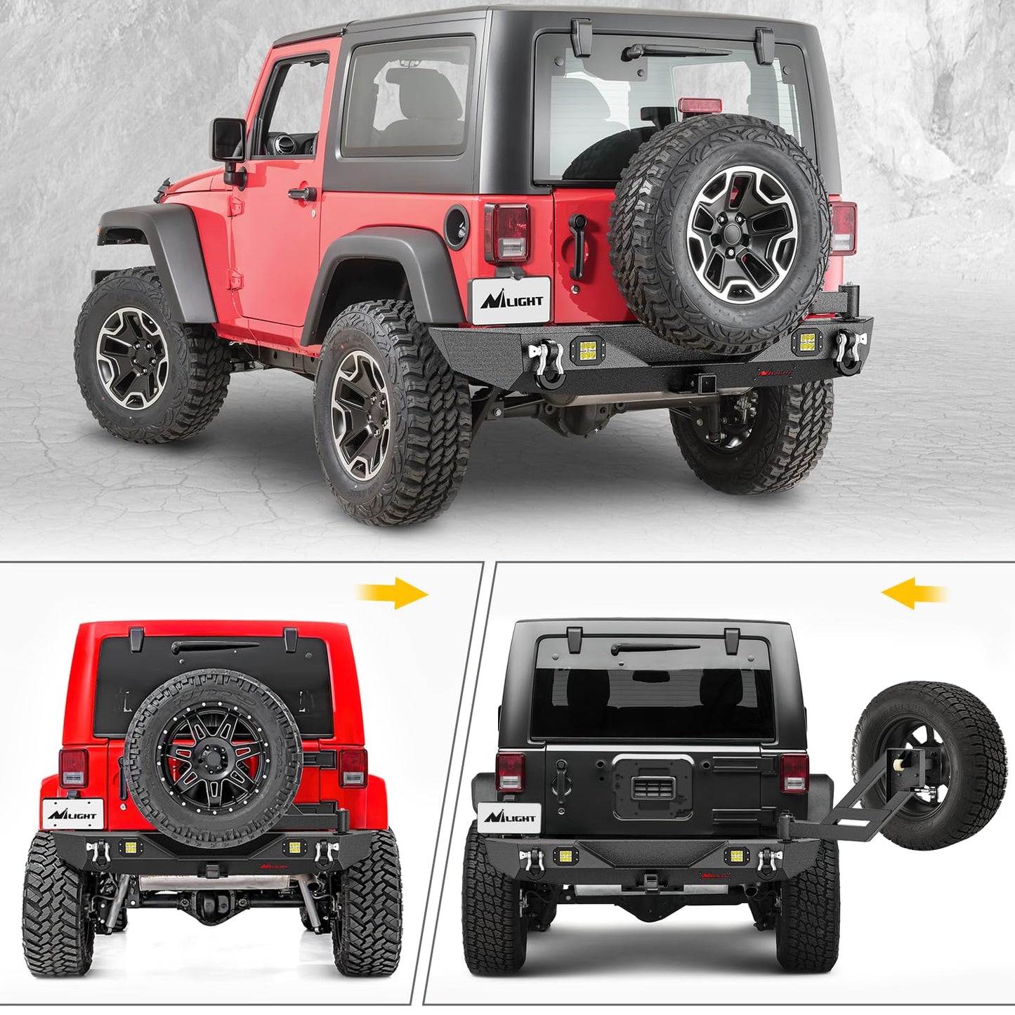 Nilight Rear Bumper with Spare Tire Carrier Compatible for 2007-2018 Wrangler JK & Unlimited (2/4 Doors) Hitch Receiver w 2 LED Lights D-rings