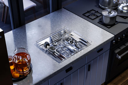 Acina Silverware Organizer for Kitchen Drawers: Expandable Cooking Utensil Tray - Adjustable Cutlery Flatware Holder - Spatula Tools Gadgets Storage Divider Clear (Expandable Tray with 9-Drawers)