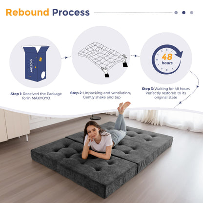 MAXYOYO 6" Folding Sofa Bed for Floor, Tufted Tri-Fold Floor Couch Bed with Chenille Fabric, Twin Size Portable Sofa Couch Guest Mat for Adults, Foldable Topper for Camping, Dark Grey, 35.4"x75"