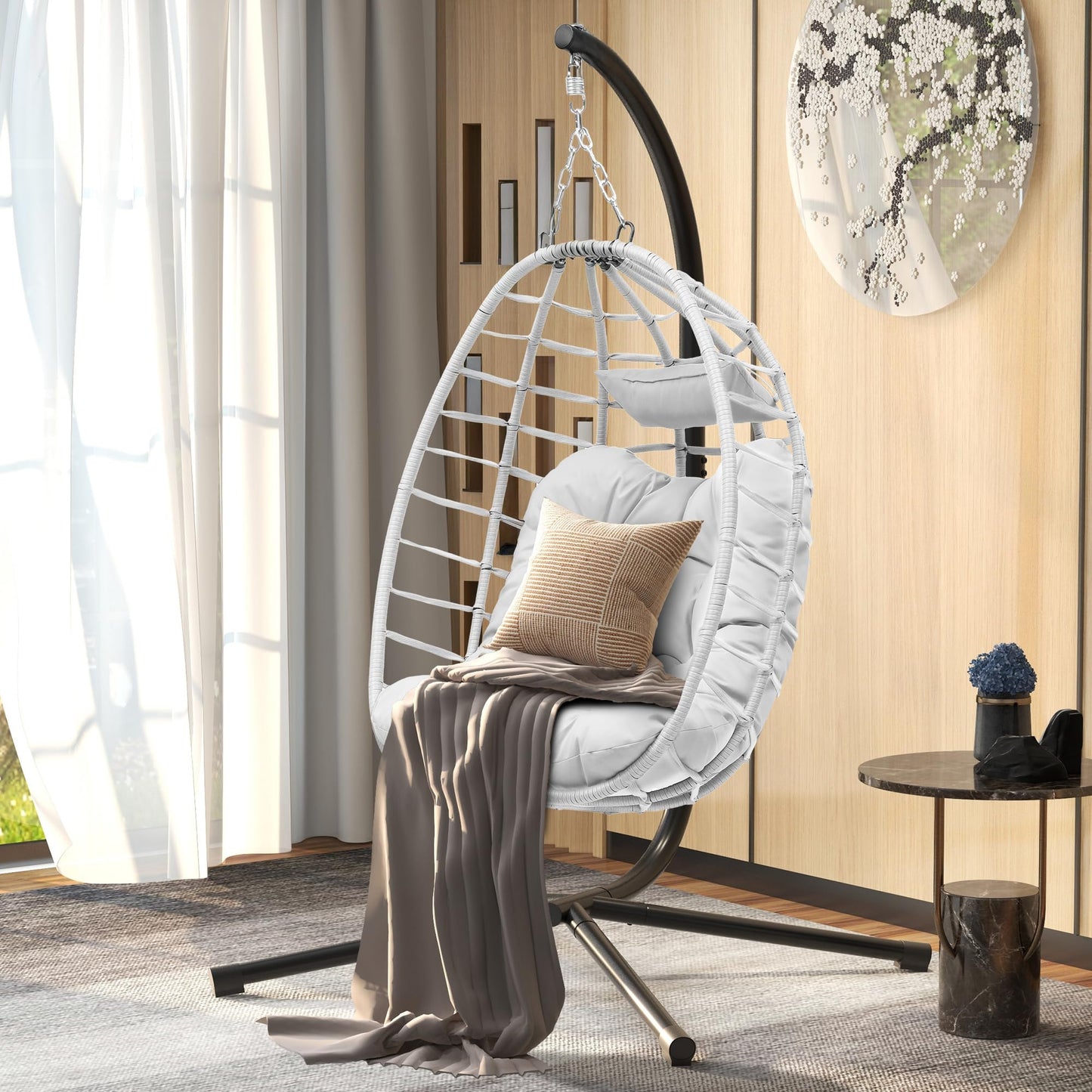 DWVO Egg Hanging Swing Chair with Stand Egg Chair Wicker Indoor Outdoor Hammock Egg Chair with Cushions 330lbs for Patio, Bedroom, Garden and Balcony, Light Gray