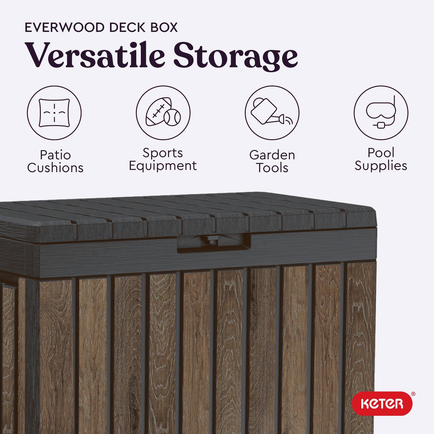 Keter Signature Everwood 50 Gallon Resin Deck Box-Organization and Storage for Patio Cushions, Throw Pillows and Garden Tools, Walnut