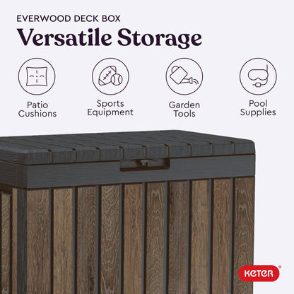 Keter Signature Everwood 50 Gallon Resin Deck Box-Organization and Storage for Patio Cushions, Throw Pillows and Garden Tools, Walnut