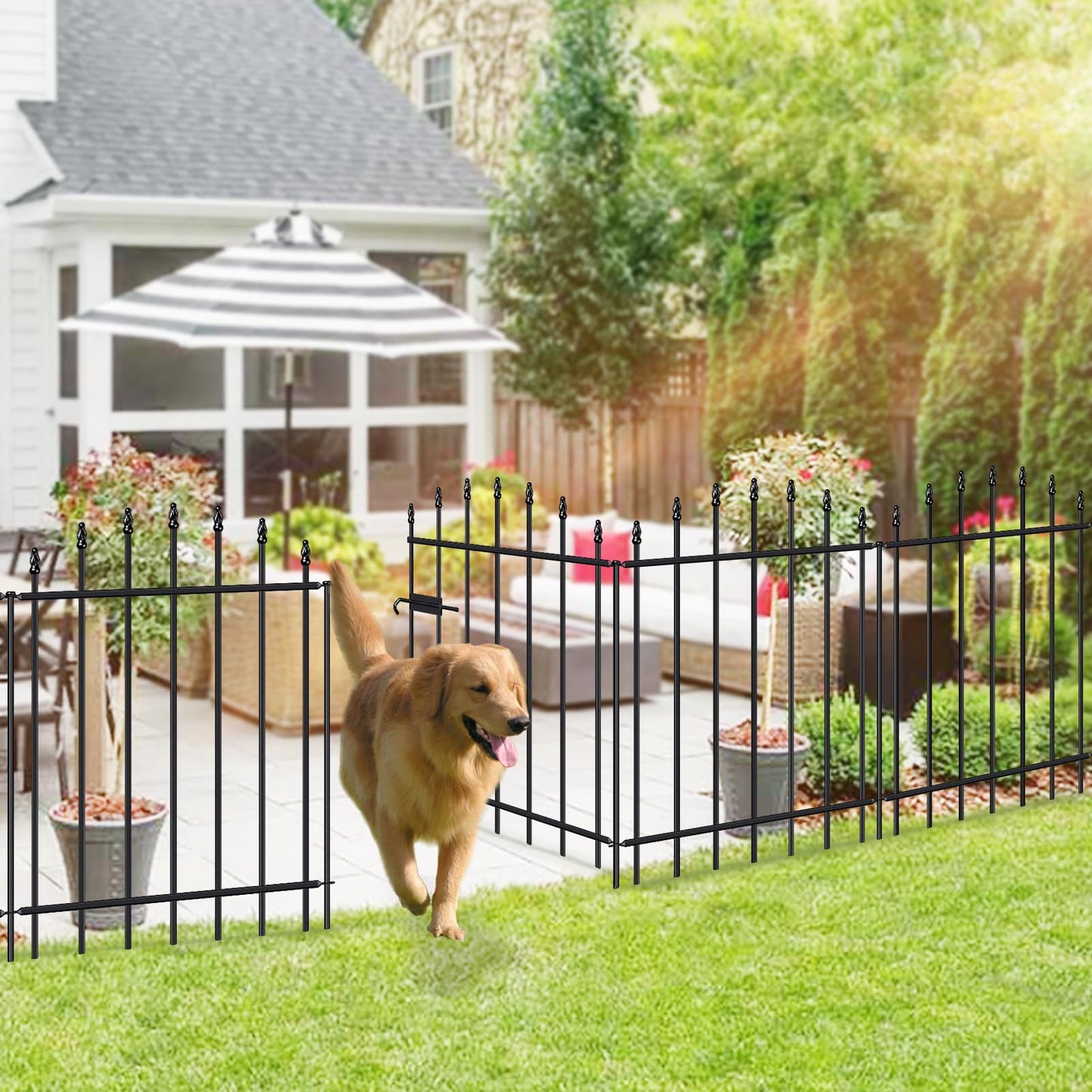 FOREHOGAR Metal Garden Fence with Gate 32 in H x 12 ft L, 1 Gate + 5 Panels Border Dog Fence Panels Animal Barrier, No Dig Garden Fencing for Yard Patio Flower Bed Lawn Outdoor, Arch Black