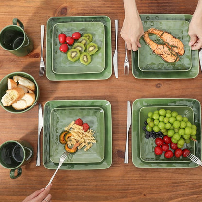 vicrays Ceramic Square Plates Set of 6 - Large Porcelain 10 inch Dinner Plates for Steak Pasta Pizza - Microwave Oven and Dishwasher Safe - Green