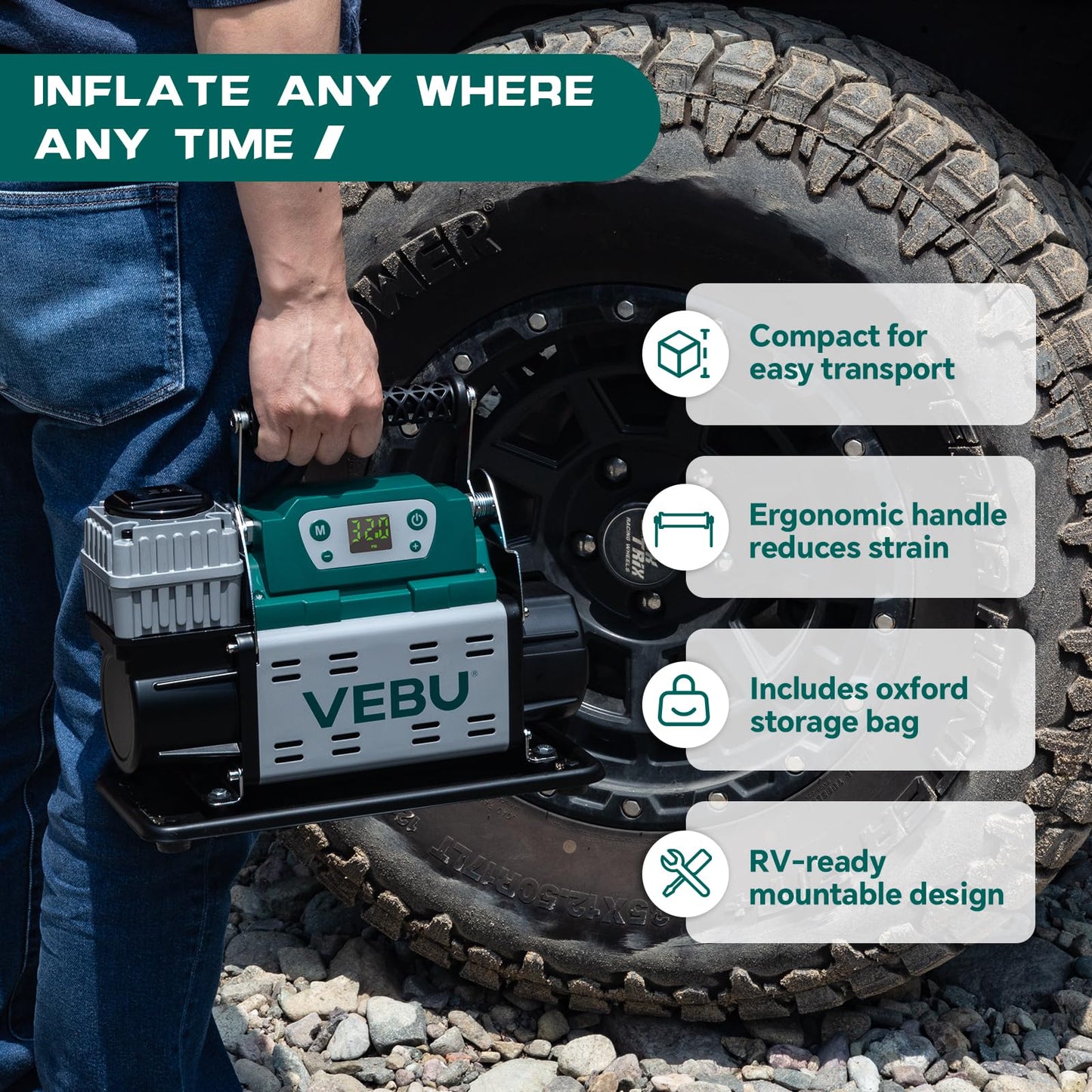 VEBU ‌RV Air Compressor 12V Tire Inflator, 150PSI with Auto Shut-off, Digital Display & Preset, 5.65CFM Fast Inflation for Off-road Vehicles, Trucks, SUVs, RVs, ATVs, Corded Electric