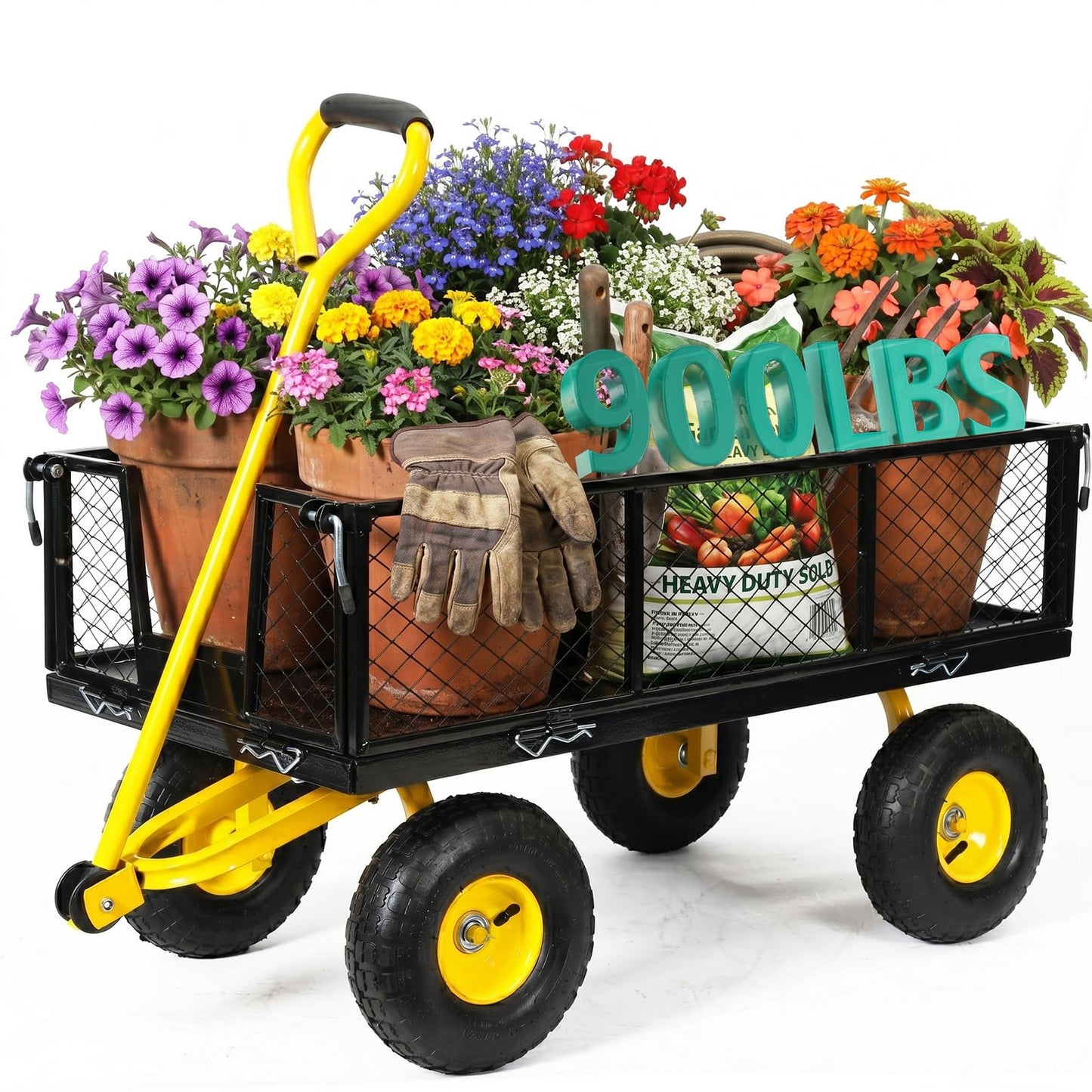 SUNNYFEEL 900 LBS Heavy Duty Steel Garden Cart, Utility Garden Wagon Cart with 10" Flat-Free Wheels and Removable Sides, All Season Yard Cart with 180° Adjustable Handle