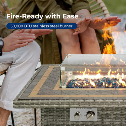 SereneLife Sturdy Wicker Base Propane Fire Pit Table with Tile Top, Patio Heater & Propane Heater, Sliding Door, Stainless Steel Burner, Tempered Glass Wind Guard, 50000 BTU, Weather Resistant