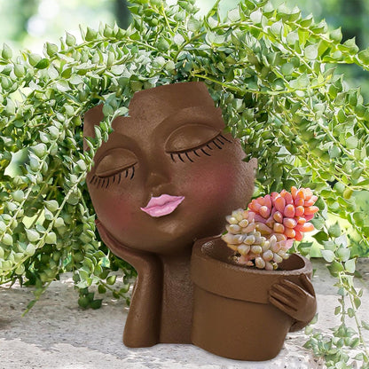 Rivonthex Lady Face Planter Pot with Dual Compartments, Resin, Indoor/Outdoor Succulent Planter, 6.3" x 4.3" x 6.7", with Drainage Holes (Brown, Small)