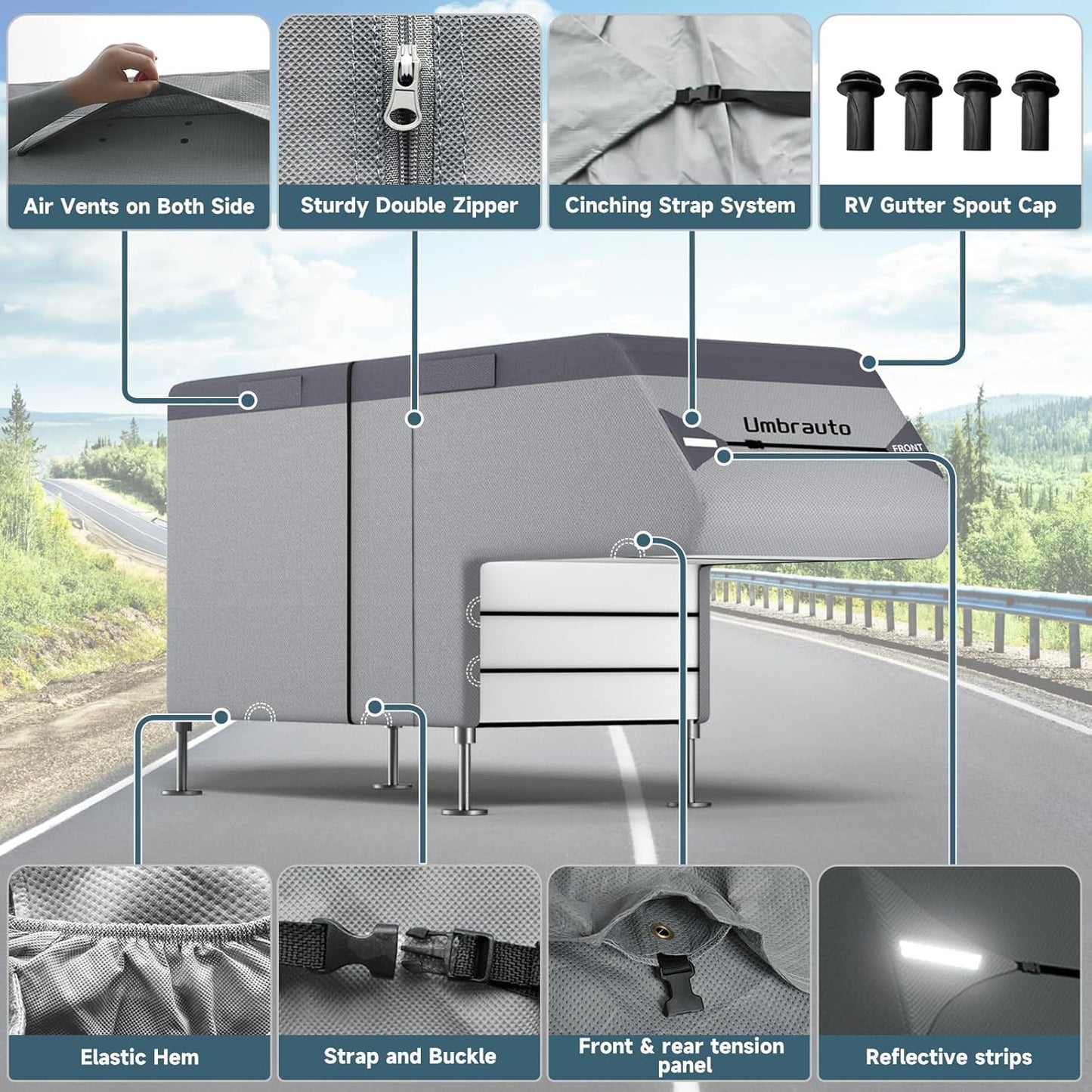 Umbrauto Truck Camper Cover Fits 10-12ft, 7-Layer Top RV Trailer Covers, Waterproof All Season Protection with Gutter Cover, Windproof Straps