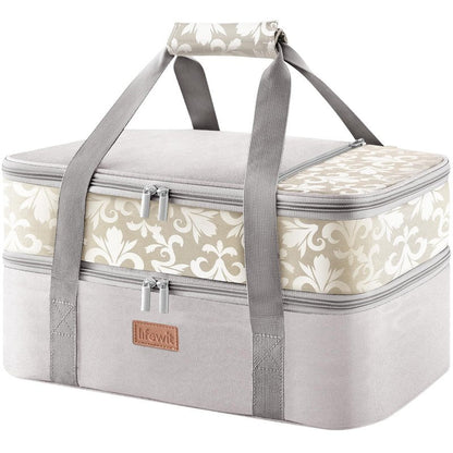 Lifewit Insulated Double Decker Casserole Carrier for Hot or Cold Food, Lasagna Lugger Holder Fits 9" x 13" Baking Dish, Thermal Lunch Tote Bag for Potluck Parties, Picnic and Cookouts, Grey