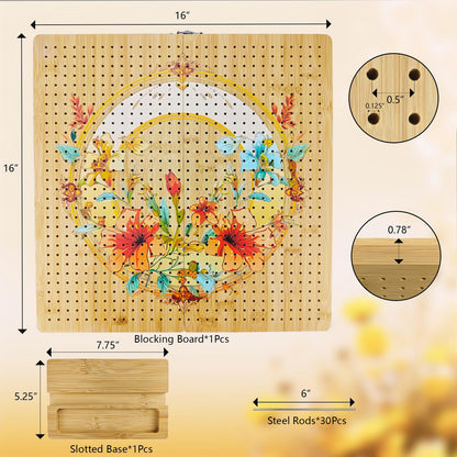 16"x16" Foldable Crochet Blocking Board with 36 Pcs Stainless Steel Rods, Floral Pattern Large Blocking Boards for Crochet Projects, Bamboo Granny Square Blocking Boards Gifts for Crochets Enthusiasts