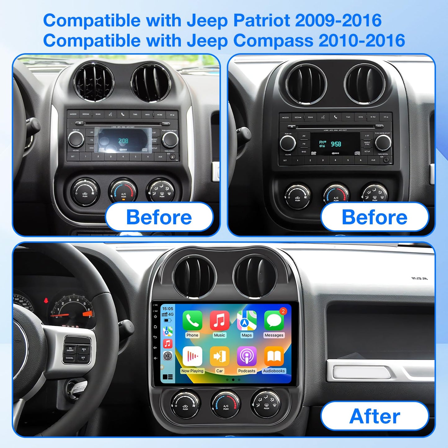 Binize Android 13 Car Stereo Radio Head Unit Compatible with Jeep Compass/Patriot 2010 2011 2012 2013 2014 2015 2016 Carplay Android Auto Touch Screen Bluetooth with GPS,FM,Backup Camera