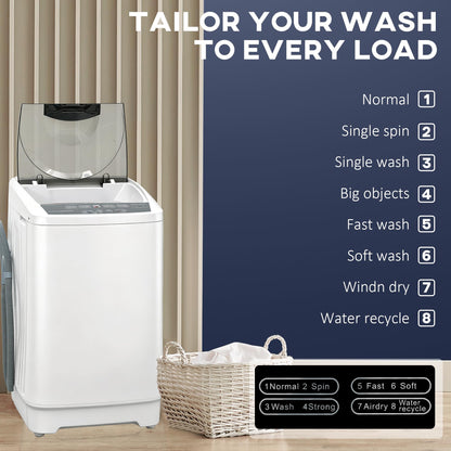 HOMCOM Portable Washing Machine, 1.3 Cu. Ft. Compact Washer with 8 Programs, 6 Water Levels, LED Display, Child Lock, Drain Pump, 9.9lb Full Automatic Washing Machine for Apartments, Dorms, RVs, White