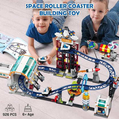 HOGOKIDS Space Roller Coaster Building Toy 926PCS Coaster Building Set Features Lift Platform Satellites Rocket Buildable Space Rollercoaster Adventure Park for Adults Kids Girl Boy Ages 6+years old